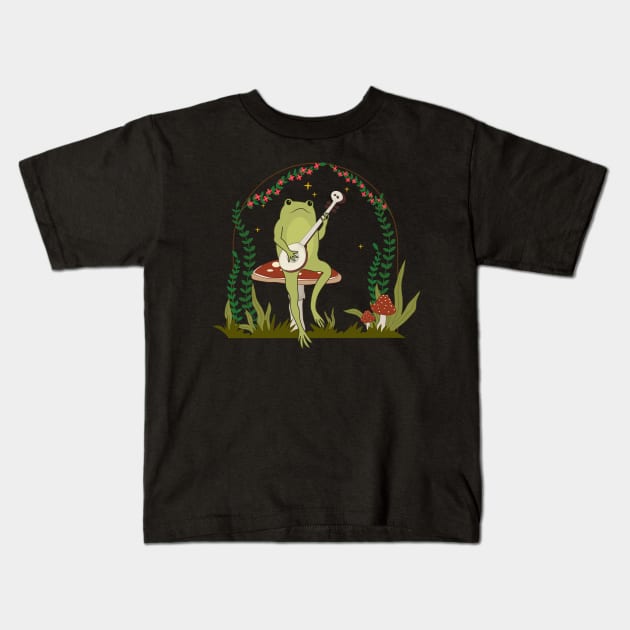 Cottagecore Aesthetic Cute Funny Frog Playing Banjo Mushroom Kids T-Shirt by kalponik